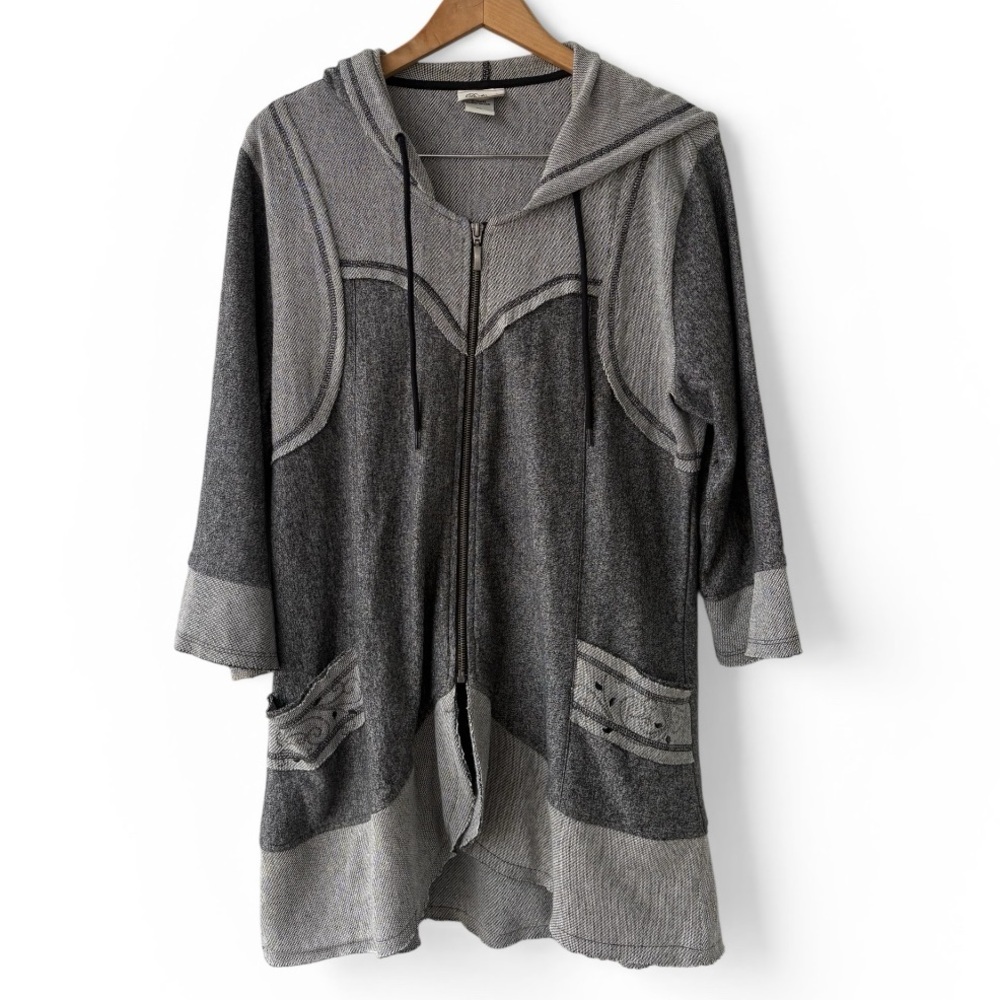 Distinct  Zip Hoodie Tunic Raw Edge Cotton Blend Artsy Lagenlook XL